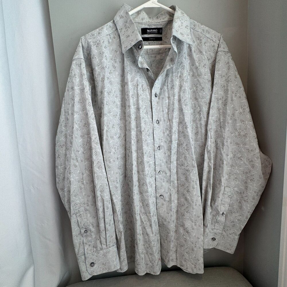 Murano Floral Button Down Shirt Men’s XL Gray Cotton Stretch Dress Shirt